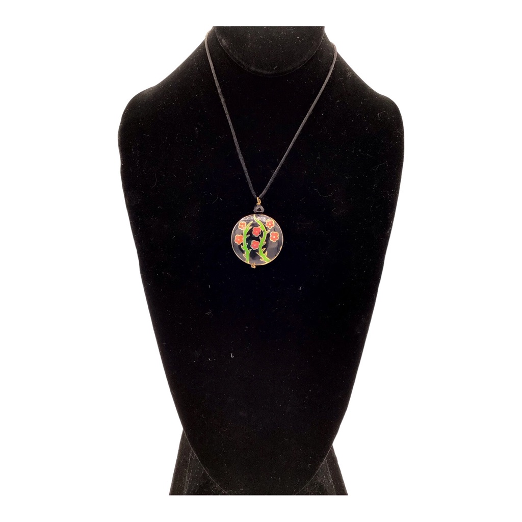 Vintage Gold Tone Black Red Floral Cloisonn Pendant On Silk Rope Necklace 22$
